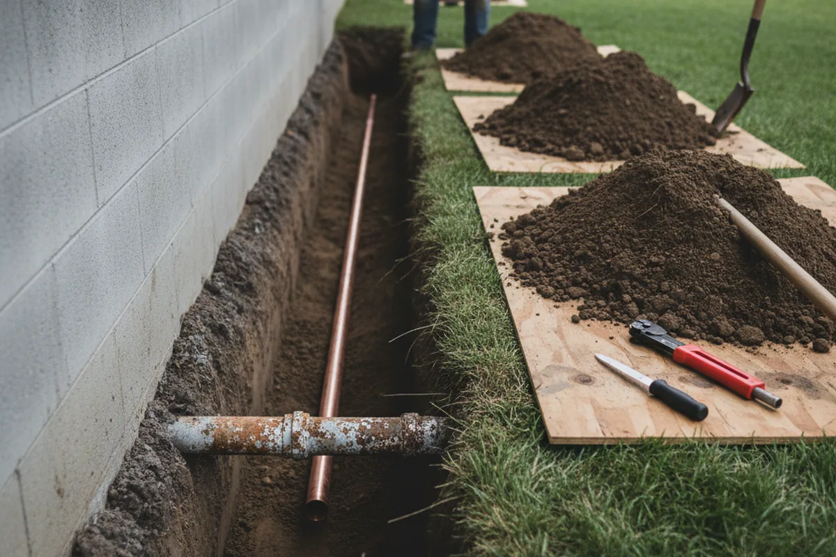 Excavated water line trench during Water Heater Repair in Murphys